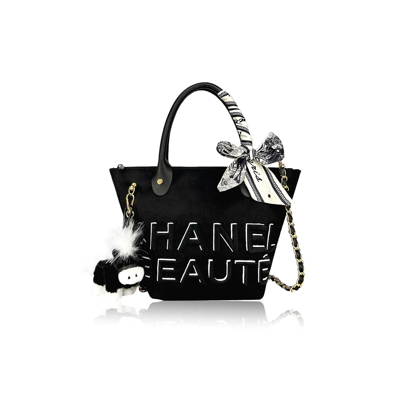 Женская косметичка из велюра с вышивкой CHANEL BEAUTE Rin Yasano, Shimmery Cat, CHANEL, Черный/Белый