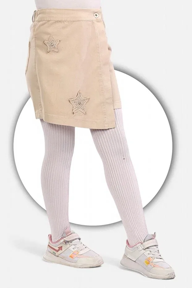 Детские шорты для девочек хлопковые Cotton star embroidered stone sışı - half elastic 100% - girl's skirt shorts Modiclas, Beige — фото 2