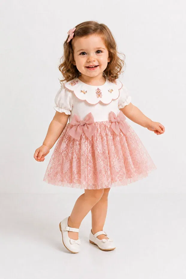 Детское платье для девочек хлопковое Begonya baby girl powder lace detailed bowknot holiday, special occasion dress 6-24 months Cumino, Powder - Ecru — фото 3