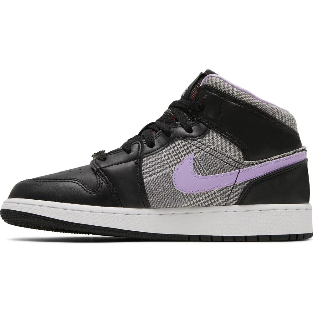 Кроссовки Nike Air Jordan 1 Mid SE GS Houndstooth, фиолетовый/черный/серый