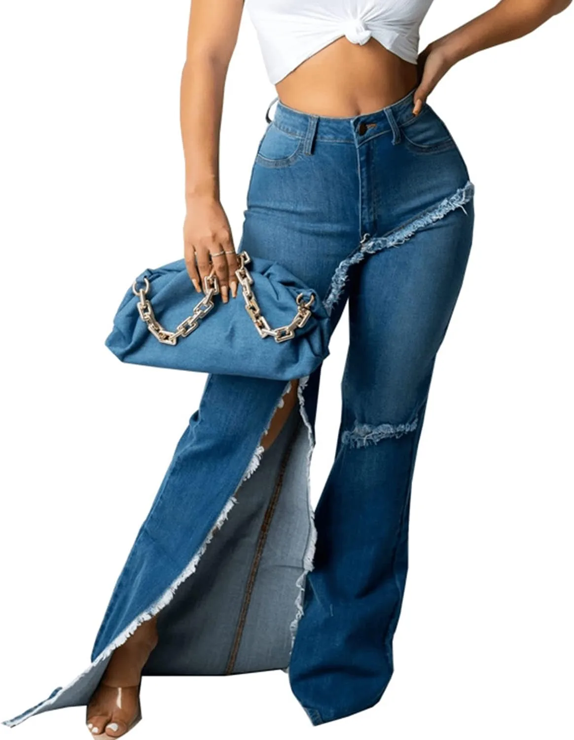 

Женские джинсы High Waisted с потертостями и рваным краем RINTONIX