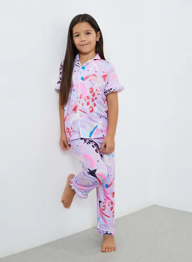 Комплект пижамы с принтом единорога и животных, модель Unicorn Print, Styli, лиловый — фото 2