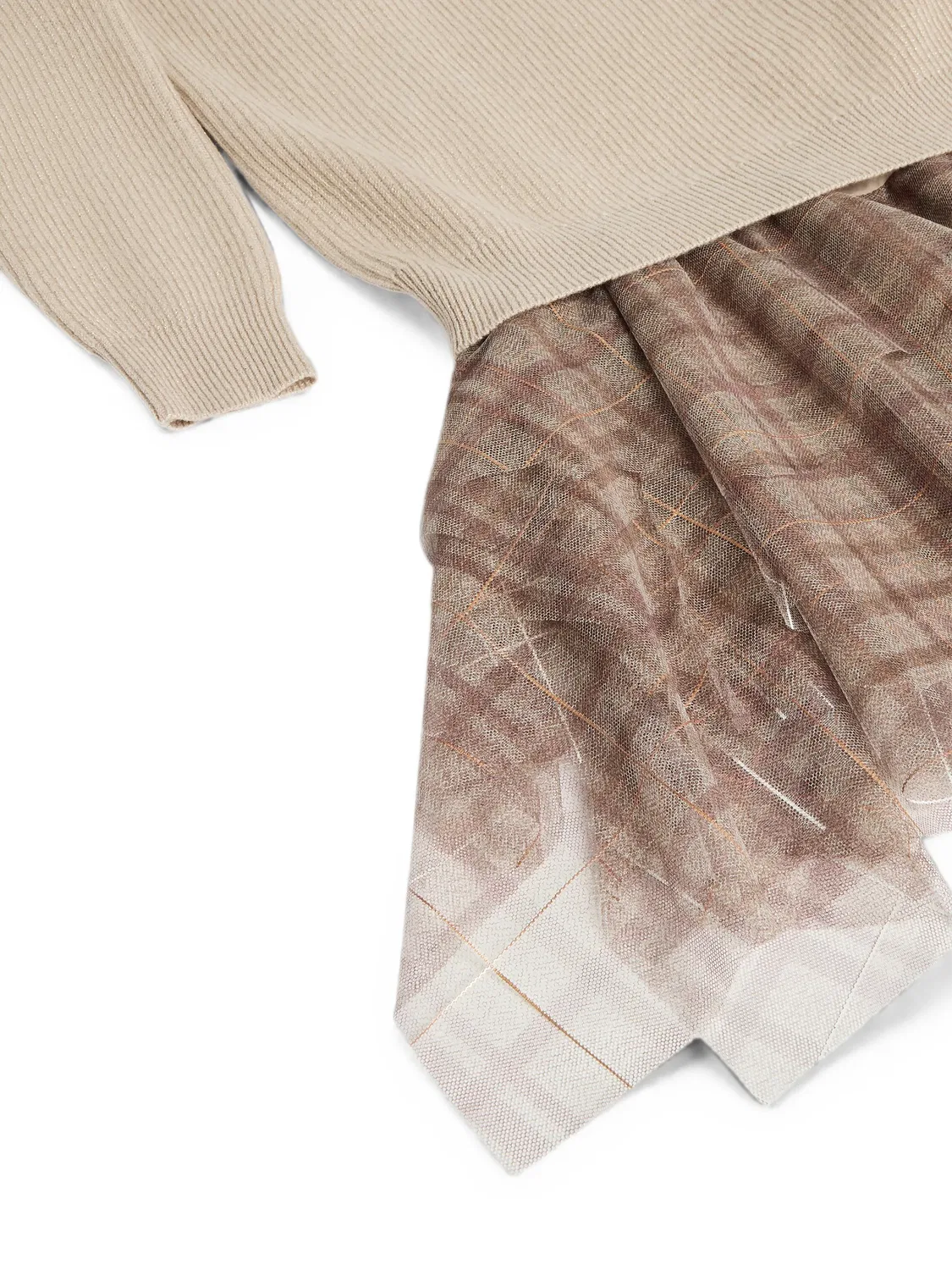 Платье из тюля в клетку Brunello Cucinelli Kids, нейтральные цвета — фото 3