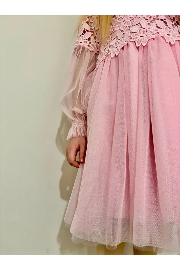 Детское платье для девочек кружевное Long sleeve lace tulle party/birthday/wedding dress Dfn, Pink — фото 3