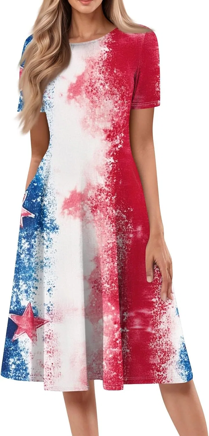 Женское повседневное платье миди с принтом звезд и мазков, American Flag Flowy Patriotic Dress, Vermilion