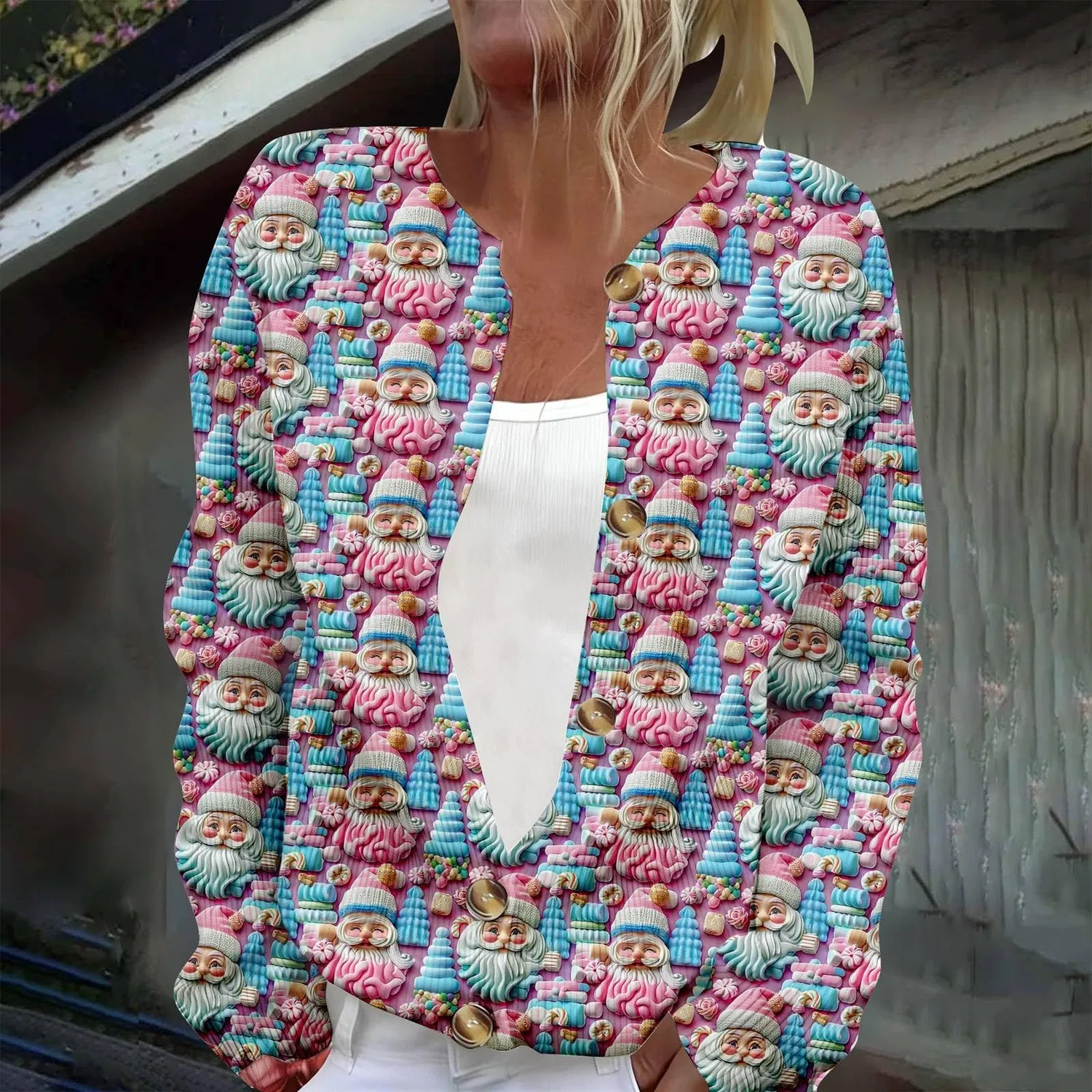 Женский кардиган с принтом Elegante cardigan casual con stampa e abbottonatura, Blu Cielo #3 — фото 2