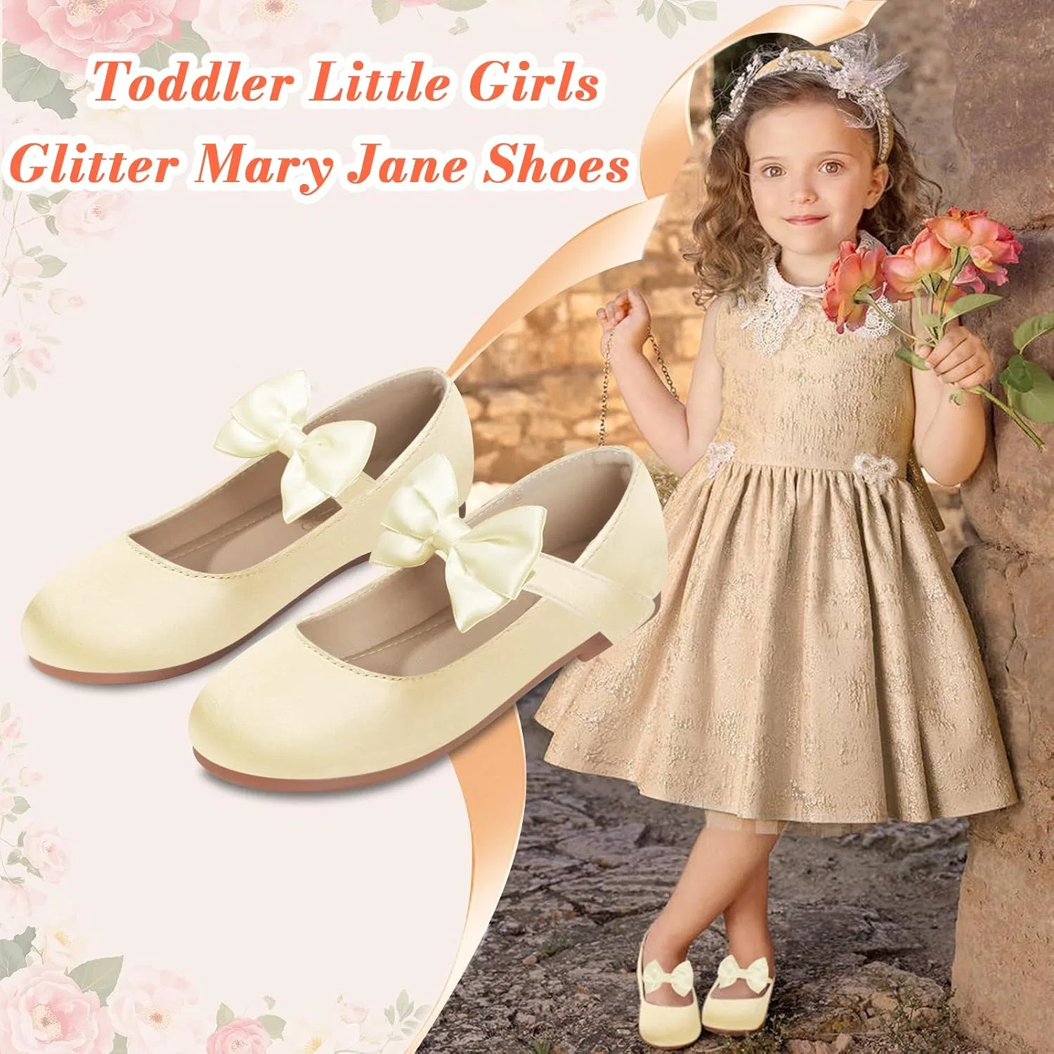 Детские туфли-балетки для девочек с блестками Mary Jane ZGDG, Gold Bow Tie — фото 4
