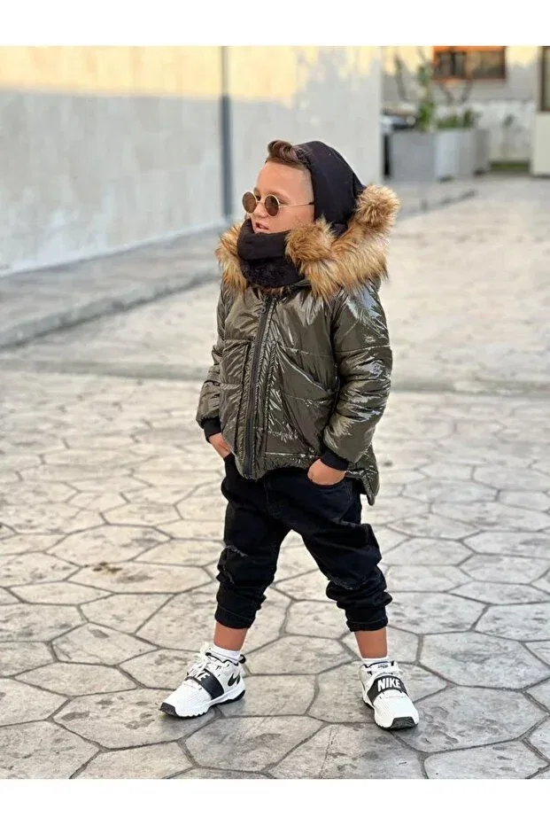 Детское зимнее пальто для девочек с капюшоном Miniklerin Dünyası, Haki
