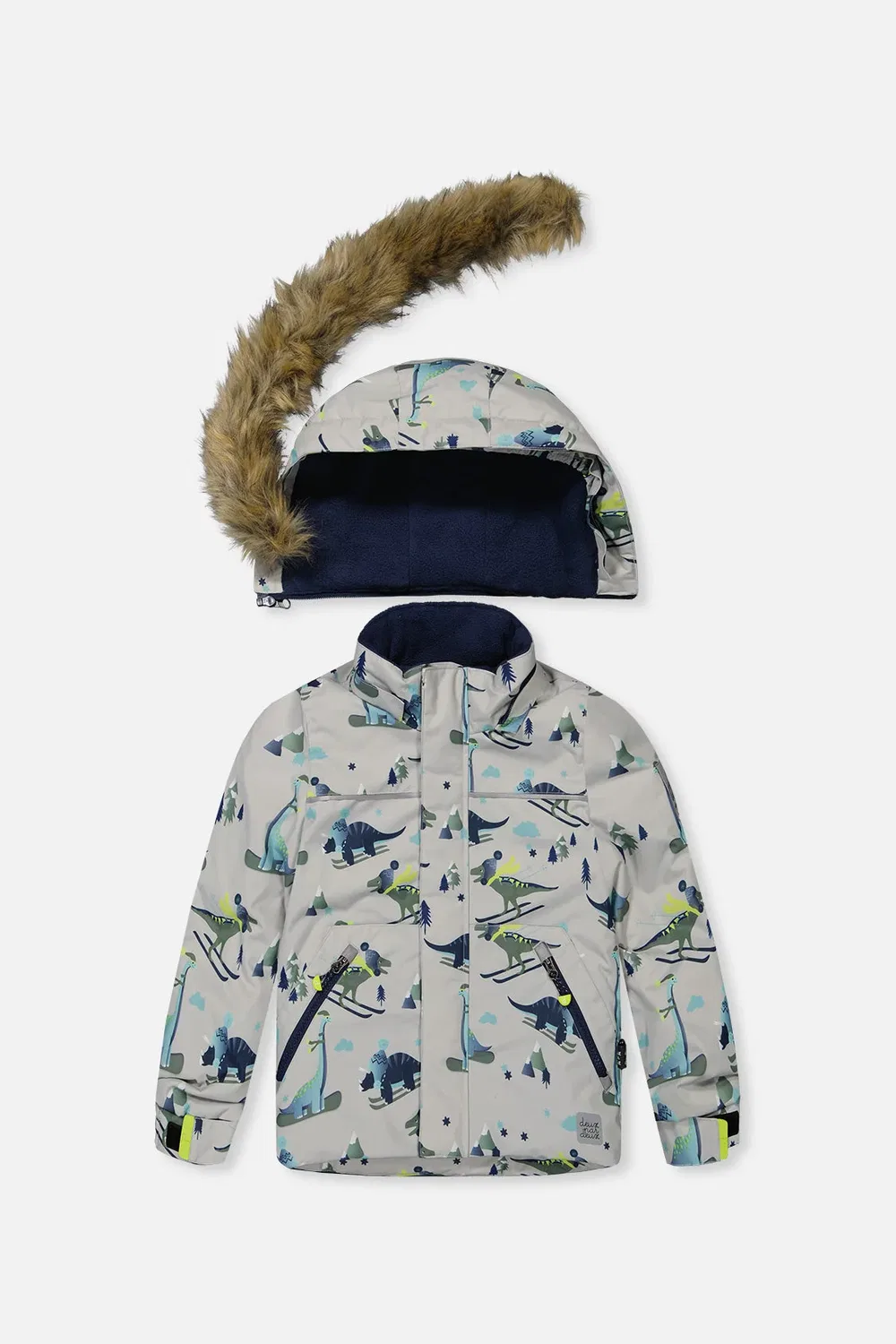 Детский комбинезон для мальчиков зимний утепленный Discover Snowsuit Deux par Deux, Grey Skiing Dinosaurs Print — фото 2