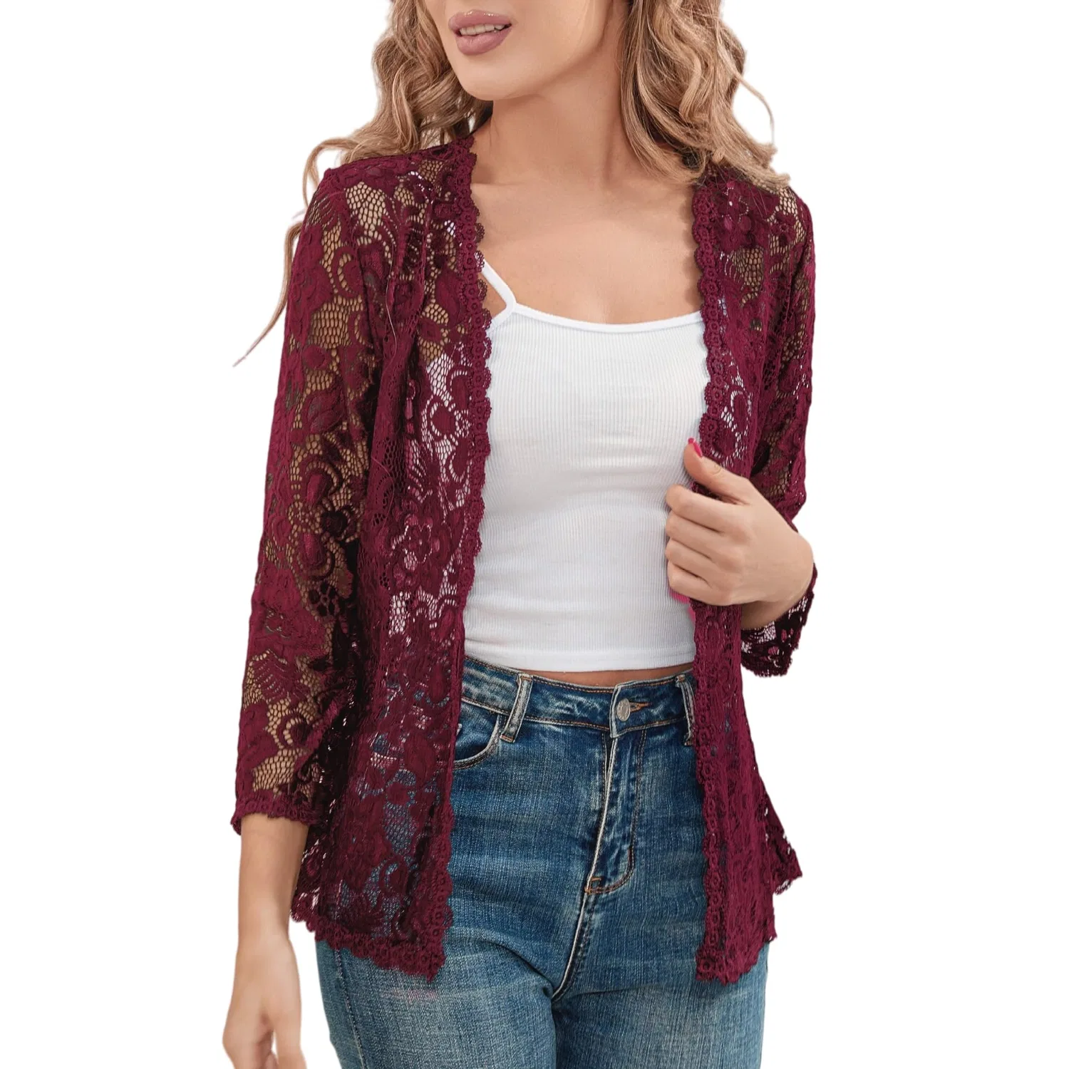 Женский кардиган с цветочным кружевом с рукавом 3/4, модель Bolero, Burgundy