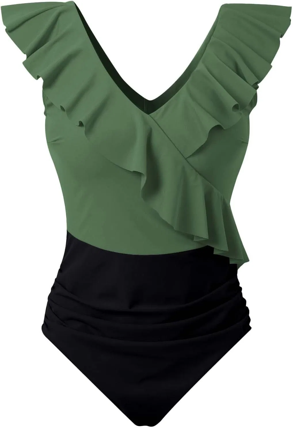 Женский слитный купальник с эффектом утяжки Ruffle V Neck, Army Green — фото 3