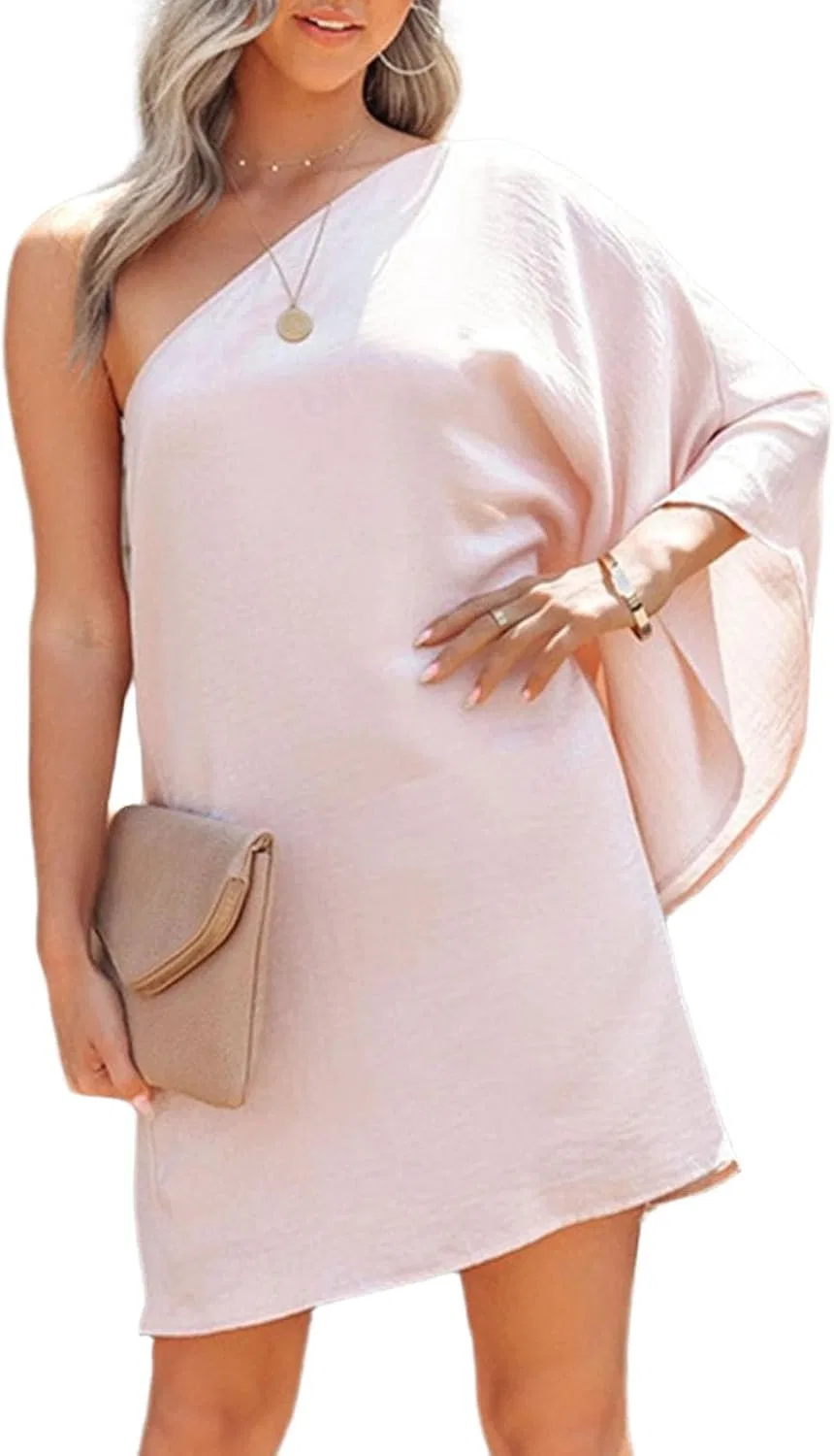 Женское асимметричное платье с одним рукавом летучей мыши, Apricot — фото 2
