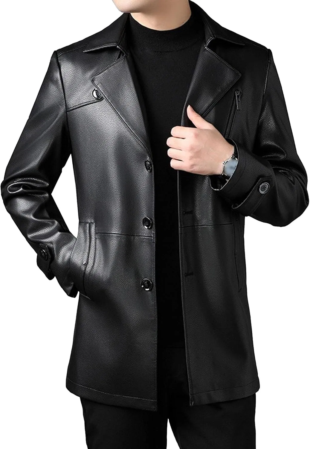 Мужское кожаное пальто-блейзер с лацканами, Slim Fit, чёрный
