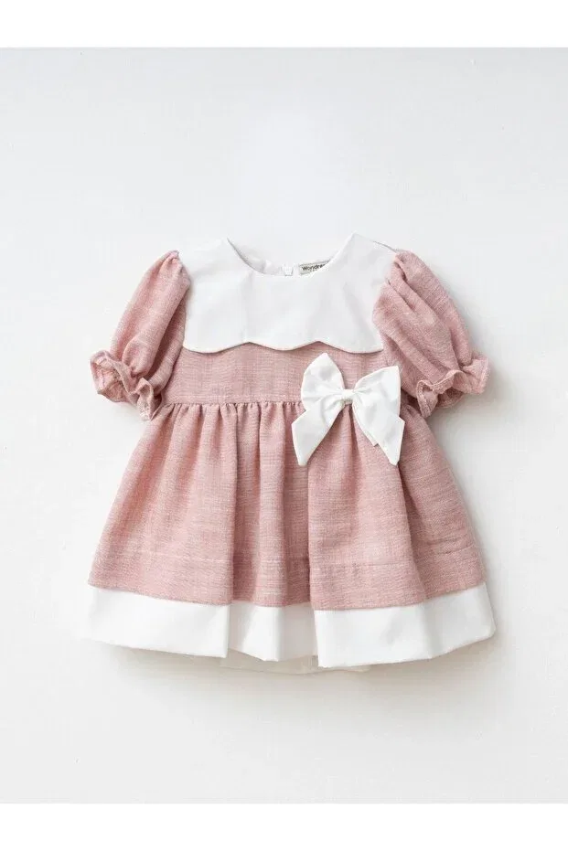 Детское платье для девочек с воланами Masalsi Bow Detail Baby Girl Dress Cherrys Bebek, Powder — фото 2