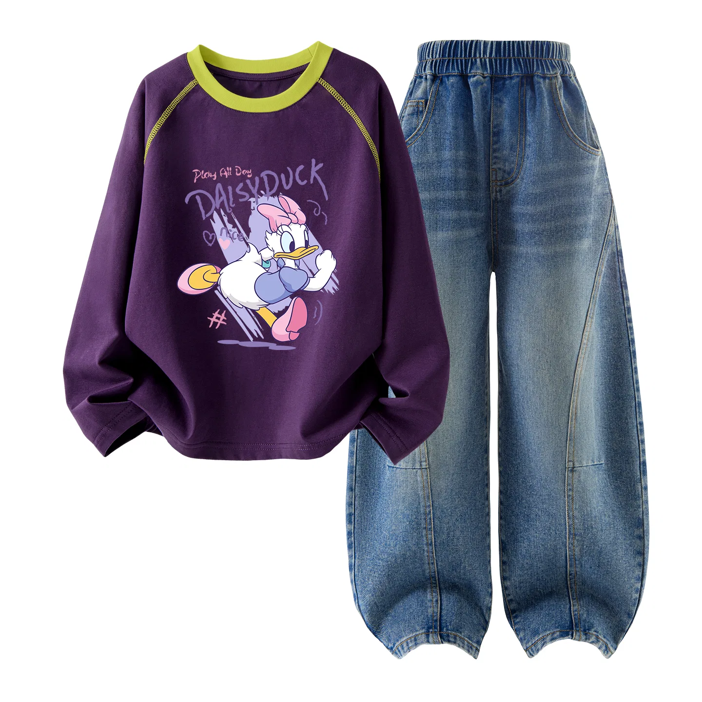 Детский спортивный костюм с принтом Disney Crew Neck Moderate Stretch Breathable, Ди Ло Пао Пурпурный + Джинсовый Синий
