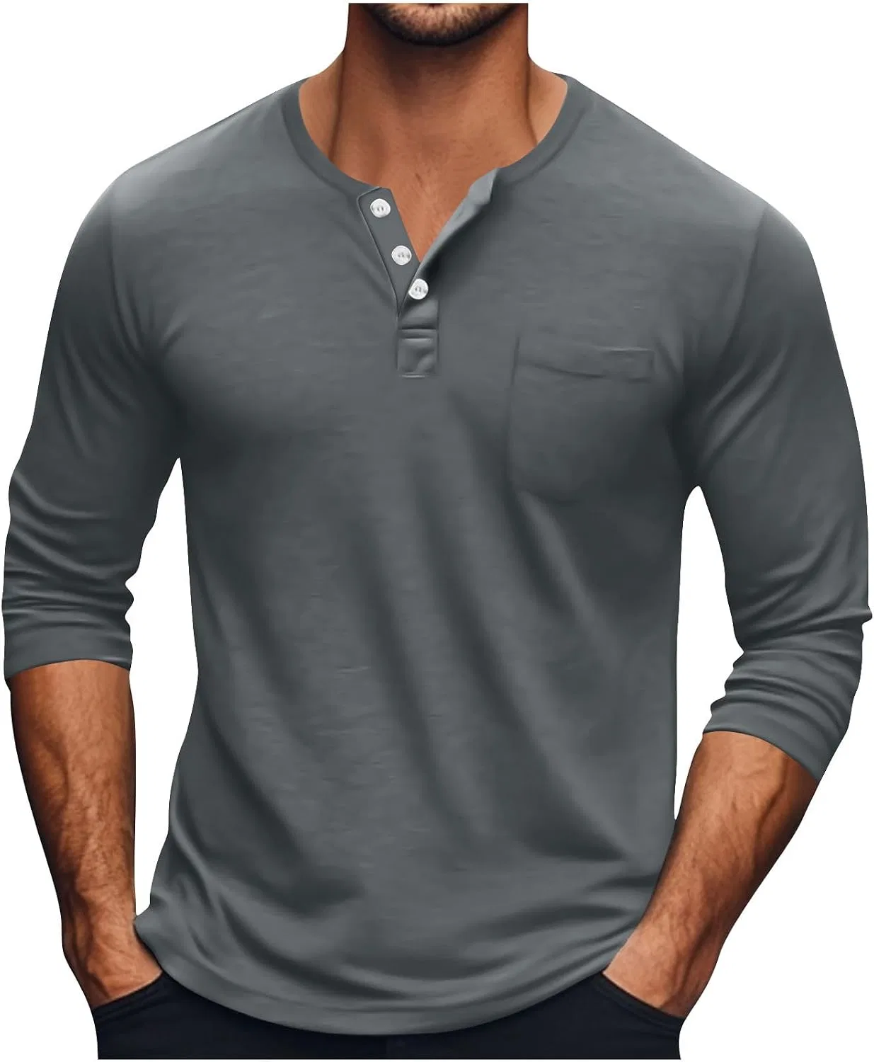 Мужская длинная футболка с воротником-поло хлопковая Henley с карманом, Gray