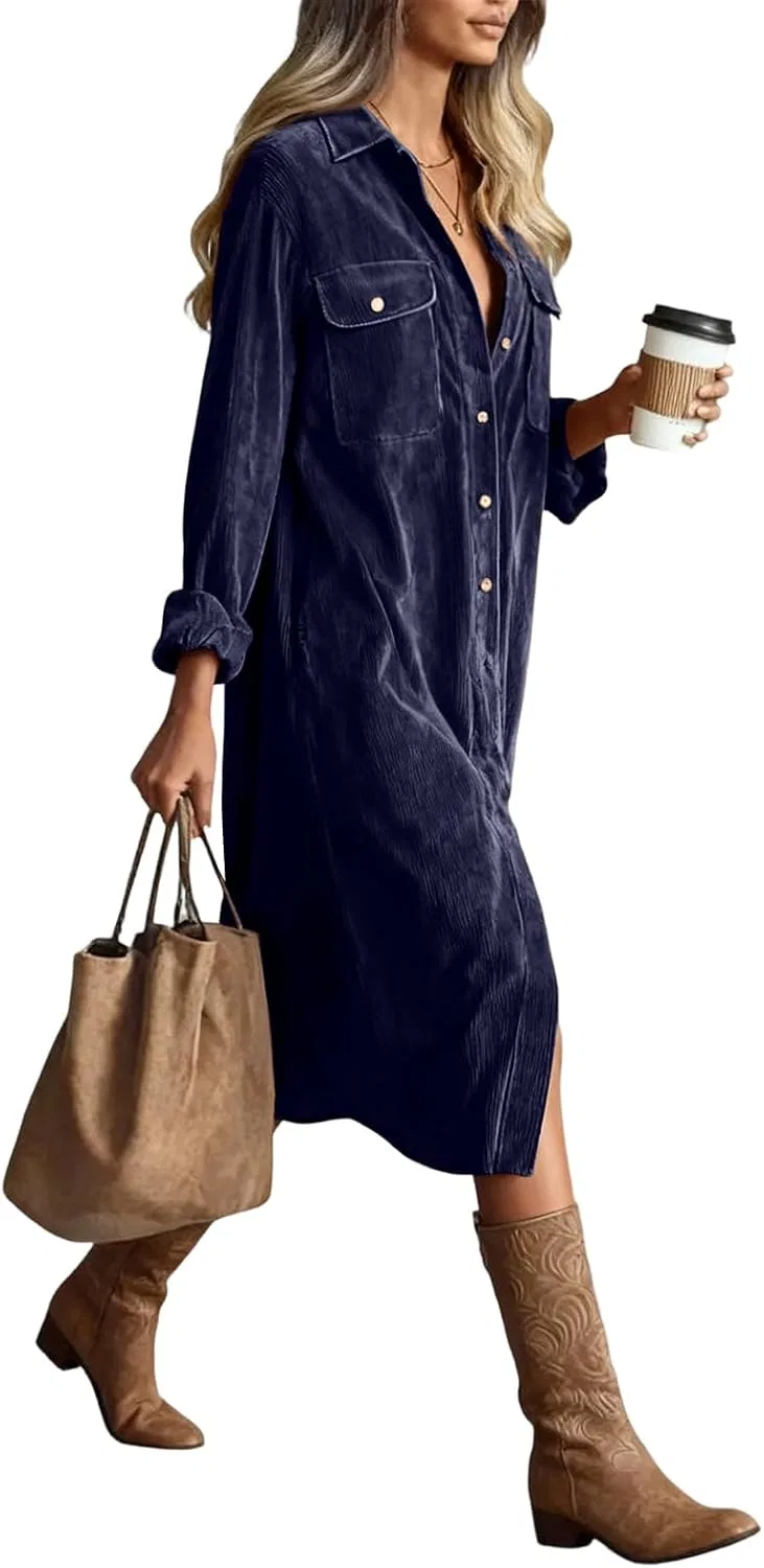 Женское платье из вельвета A-line с длинным рукавом, Navy Blue — фото 4