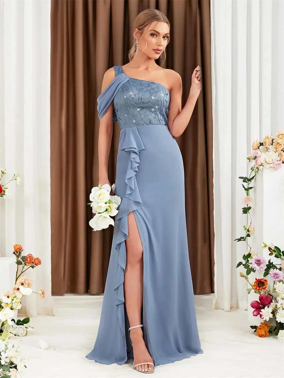 Женское вечернее платье с одним плечом с кружевами и пайетками, Blue — фото 2