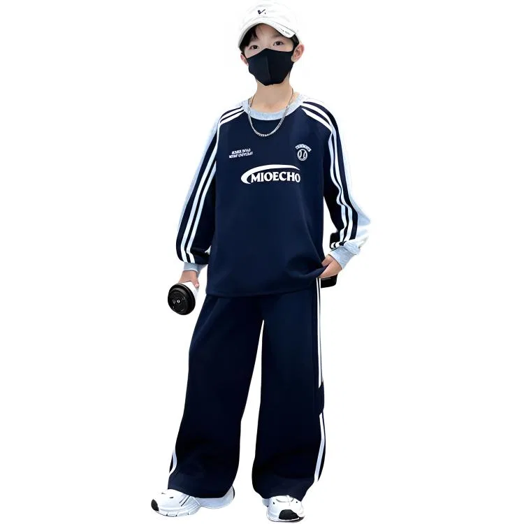 Детский спортивный комплект с круглым вырезом, модель Navy Blue Two-Piece Set, MADALLO, Navy Blue Two-Piece Set