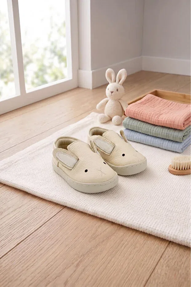 Детские пинетки для новорожденных с текстурой Genuine leather first step shoes cream rabbit themed Beybium, Nude Color
