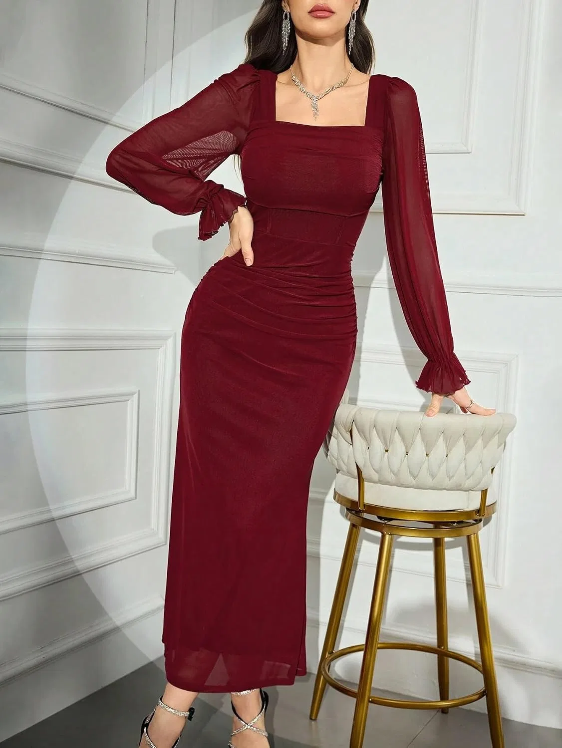 Женское элегантное платье миди bodycon с квадратным вырезом, Burgundy — фото 4