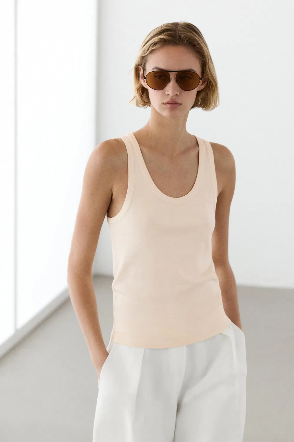 Футболка без рукавов, 100% хлопок Massimo Dutti, бежевый — фото 2
