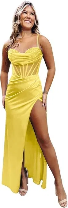 Женское сатиновое бальное платье с пайетками, Yellow