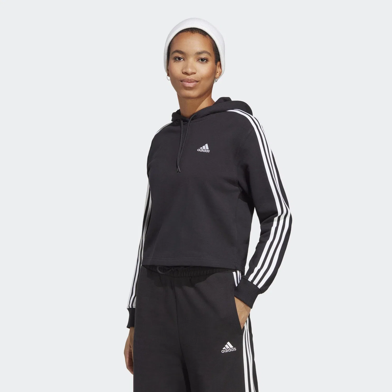 Женское укороченное худи с капюшоном Essentials 3-Streifen French Terry Crop Hoodie Adidas, Schwarz Weiss