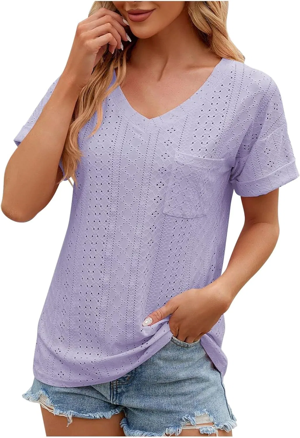 Женская топ с V-образным вырезом и вышивкой Eyelet, фиолетовый