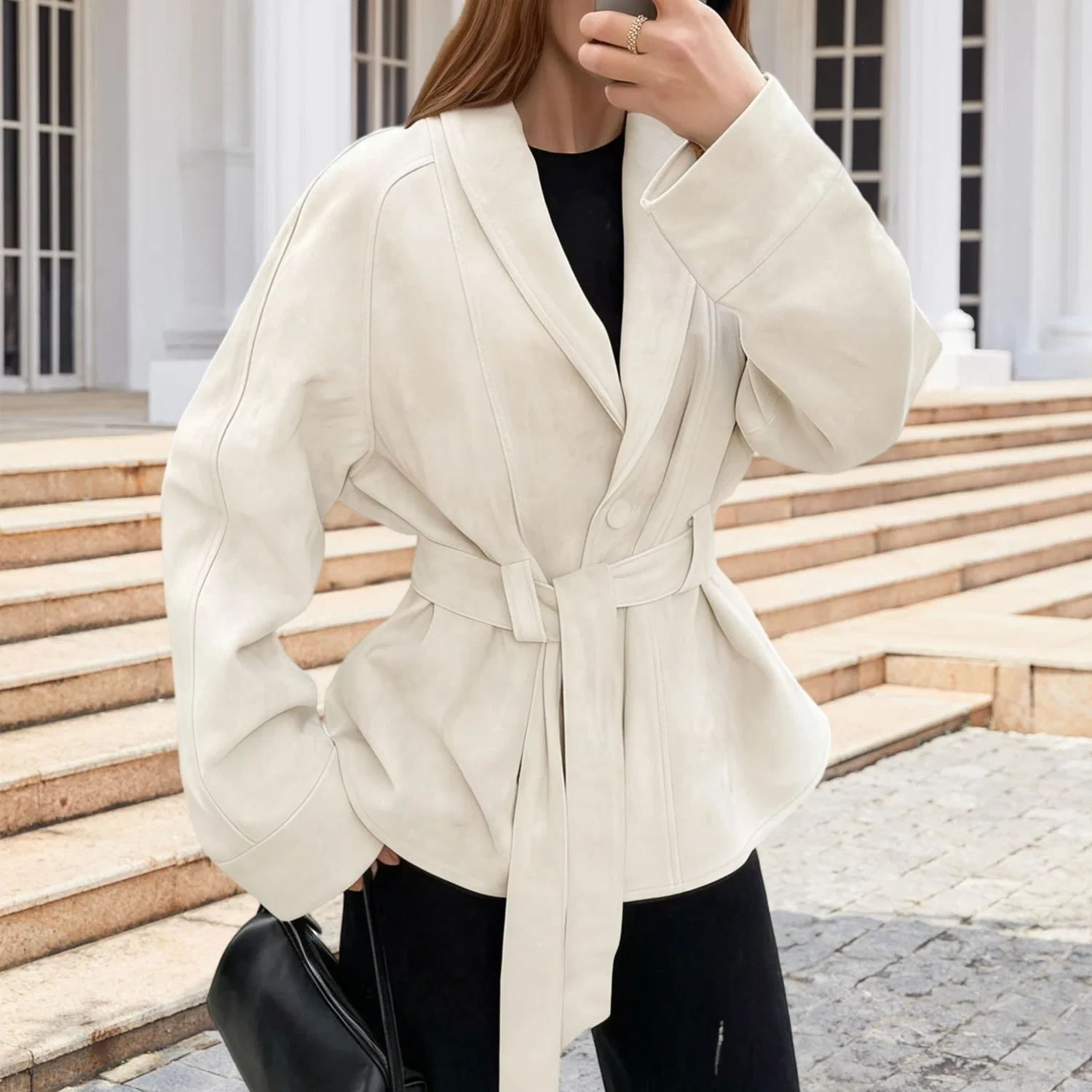 Женская куртка из искусственной замши с поясом, beige — фото 3