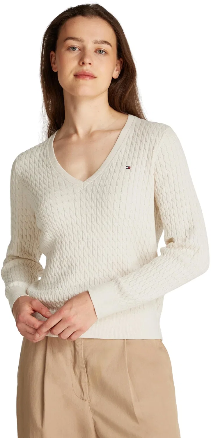 Женский пуловер с V-образным вырезом Co Cable Fine GG Tommy Hilfiger, Beige (Heather Ivory Petal)