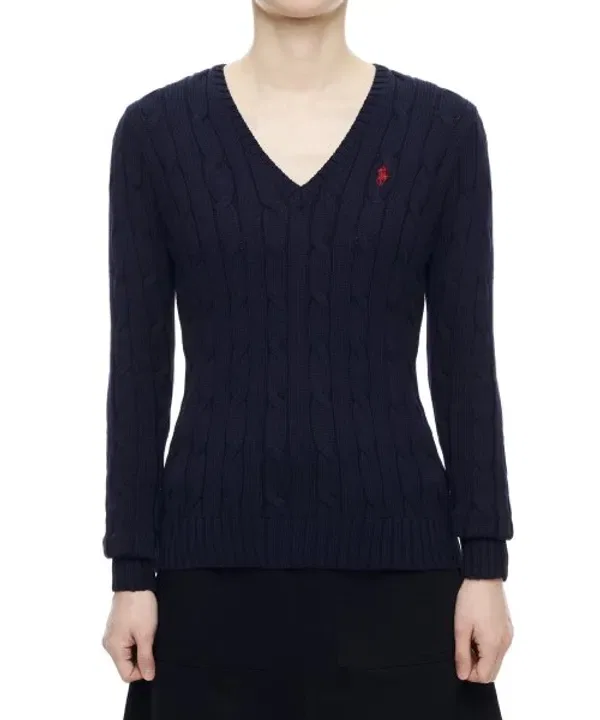 Свитер с V-образным вырезом, кабельная вязка, Polo Ralph Lauren, темно-синий — фото 3