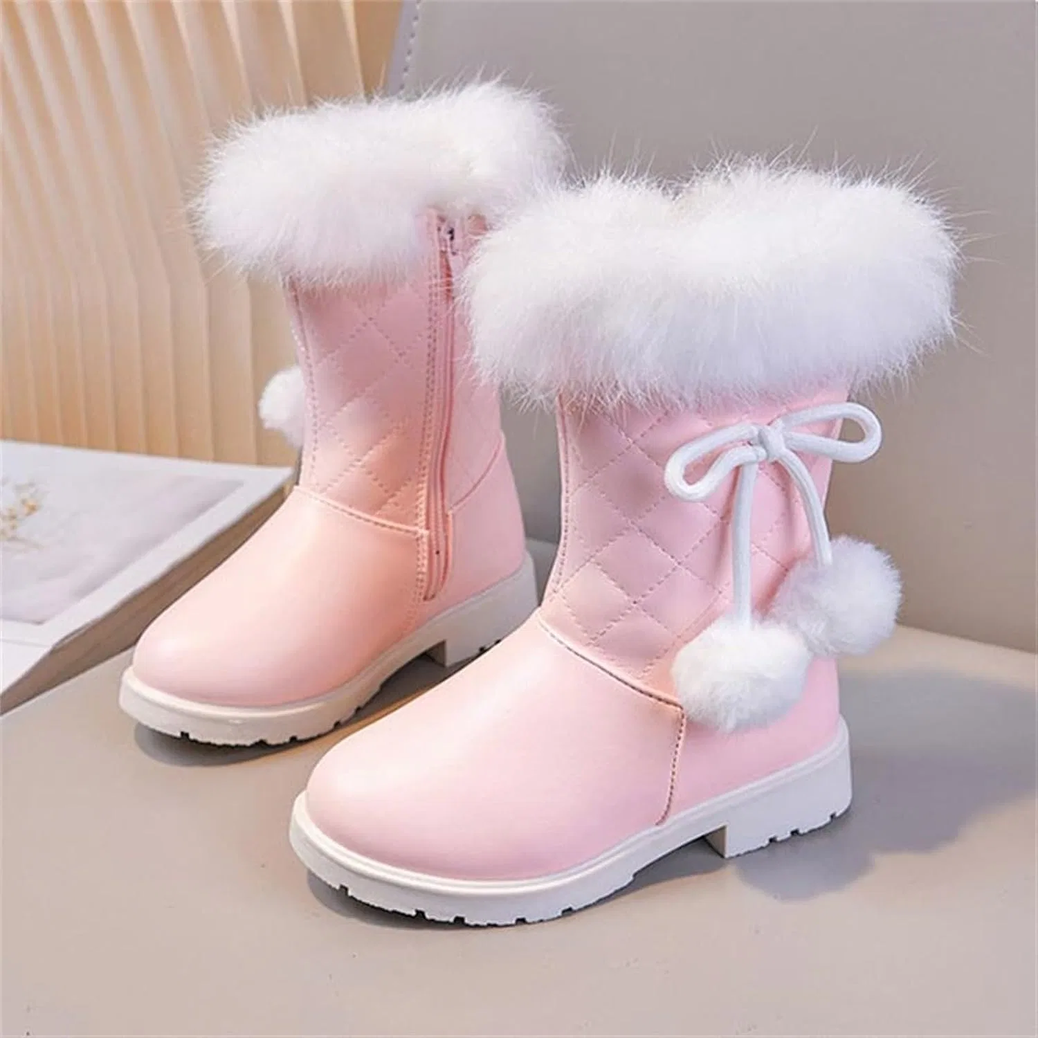 Детские сапоги для девочек с меховой отделкой и помпонами, Pink — фото 3