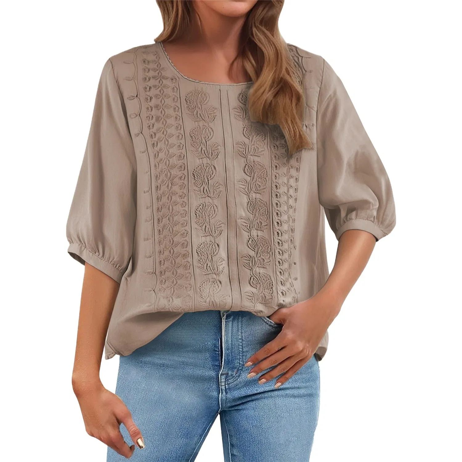 Женская блуза с цветочной вышивкой Cotton Linen Tops, Z12-brown Linen Shirts for Women