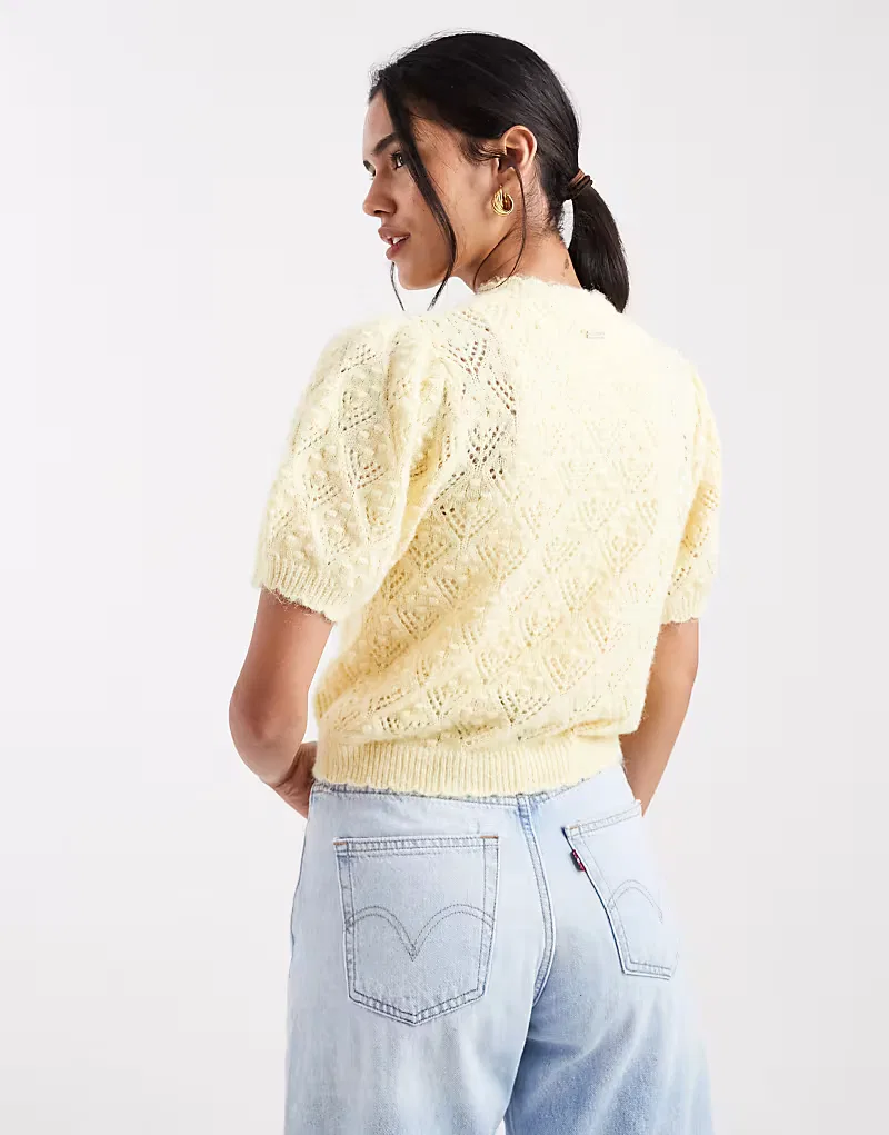 Вязаный кардиган Levi's с короткими рукавами и ажурной отделкой, пастельно-желтый — фото 2