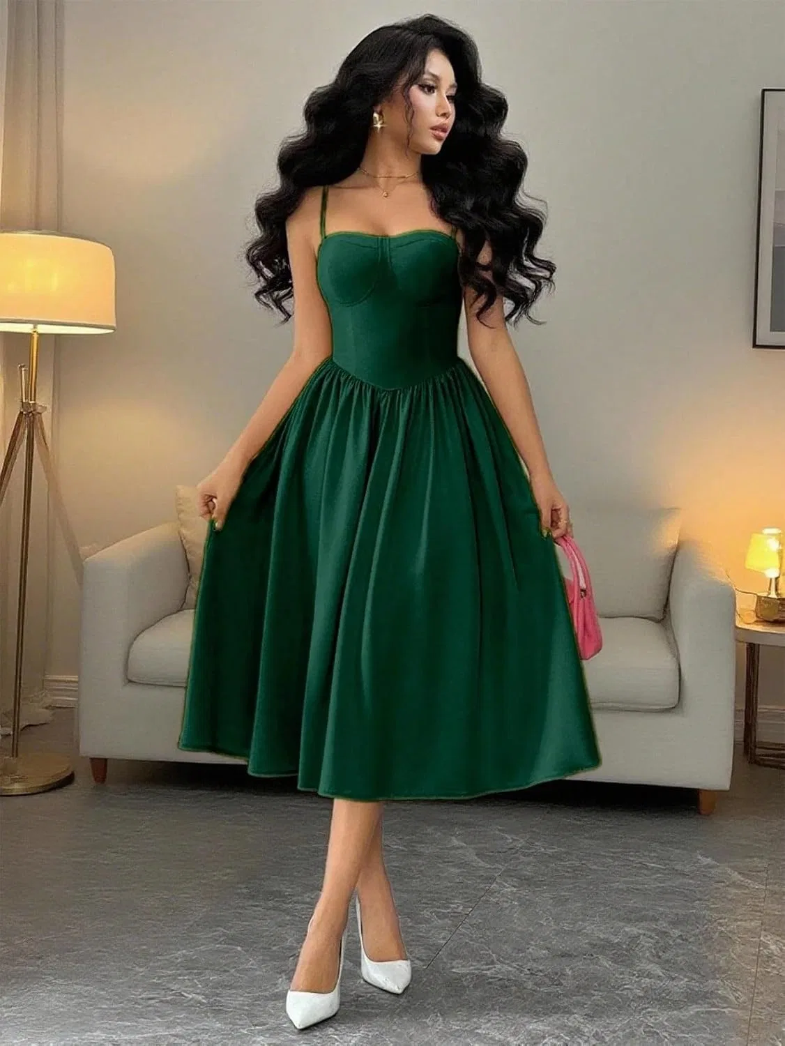 Женское элегантное миди-платье на бретельках, Dark Green — фото 3