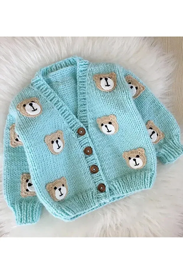 Детский кардиган для мальчиков с принтом Hand knitted bear baby boy El Örgüsü, Turquoise
