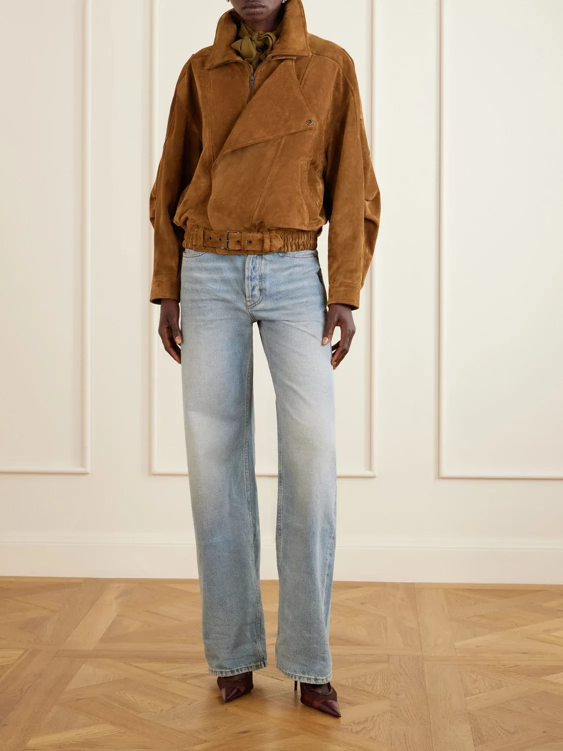 Бомбер из замши с вставками SAINT LAURENT, коричневый — фото 2