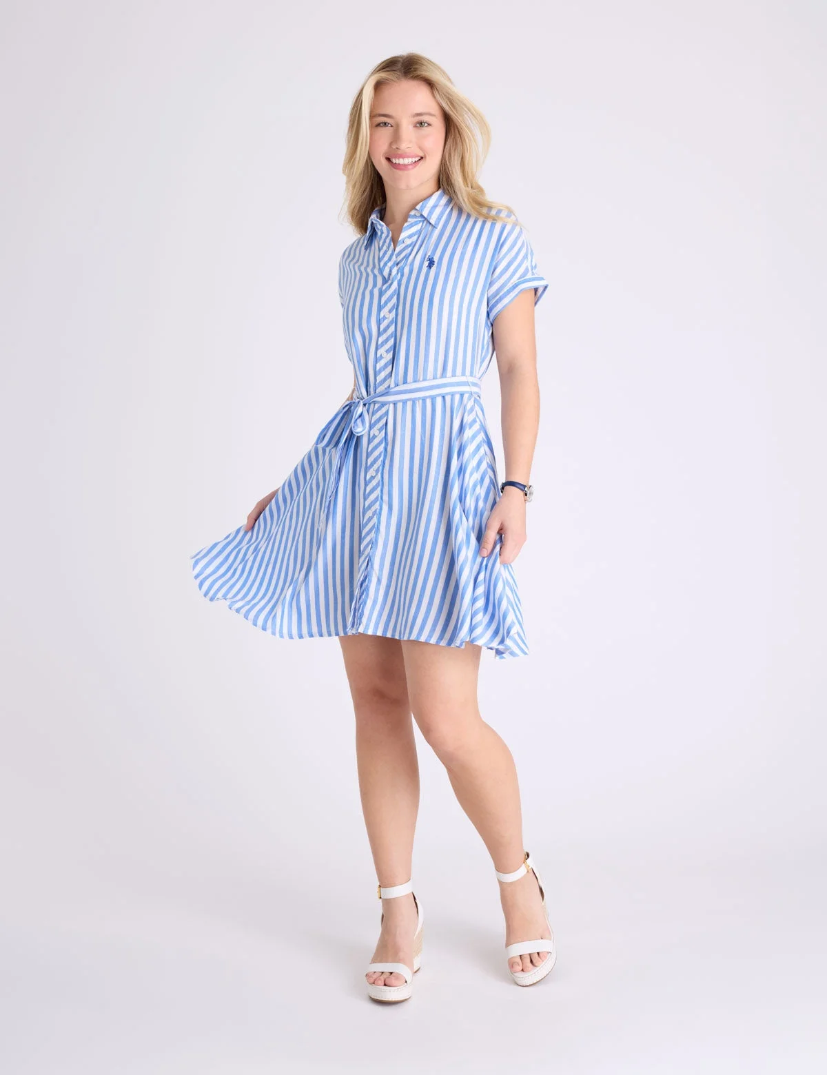Женское платье U.S. Polo Assn. Dolman Sleeve Fit and Flare Poplin, синий/белый — фото 3