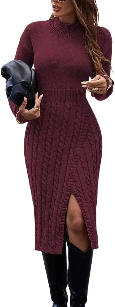 Женское вязаное платье миди с поясом Casual, Burgundy