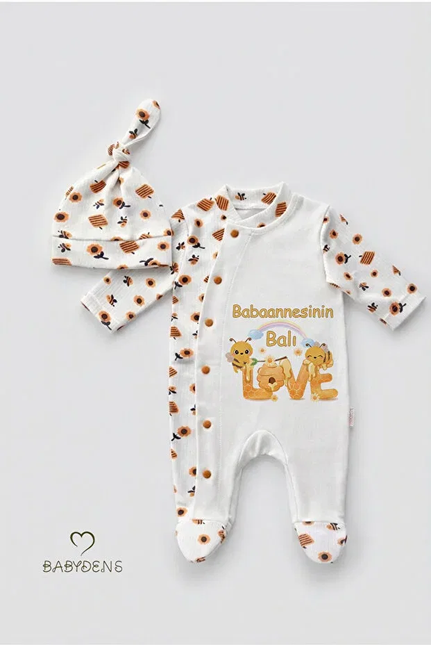 Детское боди-комбинезон для новорожденных с принтом Grandma'S honey written newborn baby romper hat set bee pattern Babyden'S, Ecru — фото 4