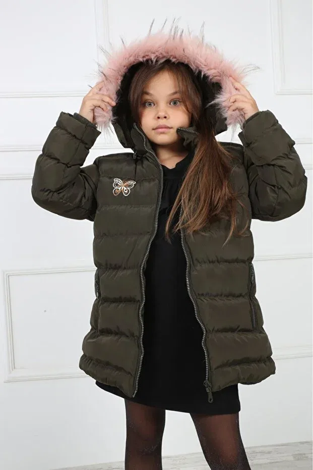 Детское пальто для девочек пуховое с капюшоном B&T, Khaki