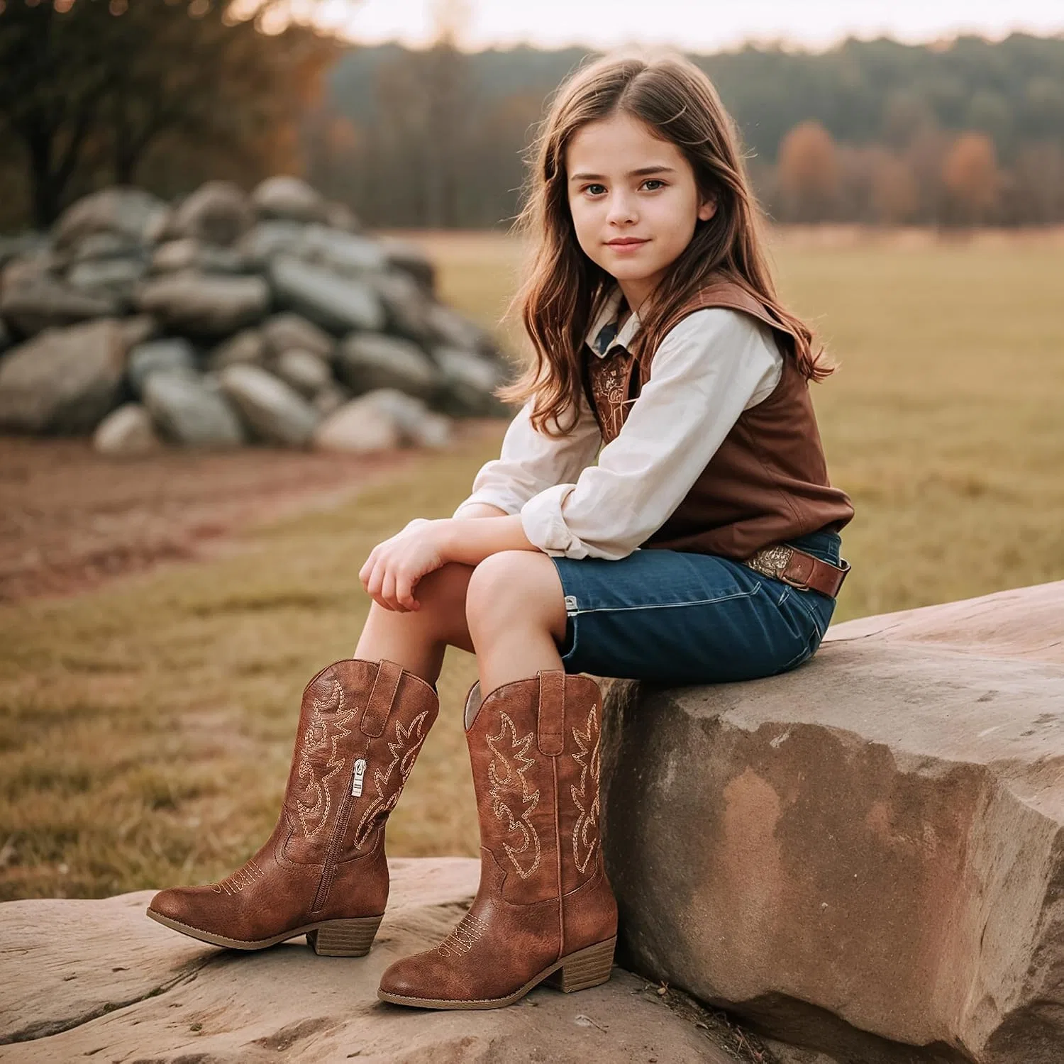 Детские сапоги для девочек с принтом Cowboy Boots for Girls Rhinestone Cowgirl Boots Little Big Kid LAURMOSA, Brown Embroidery — фото 3