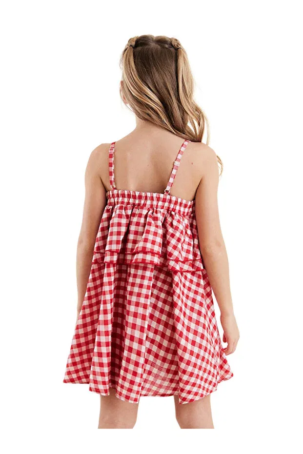 Детское платье для девочек с принтом Cat Girl's Red Plaid Ruffle Strap Denokids, Red — фото 3