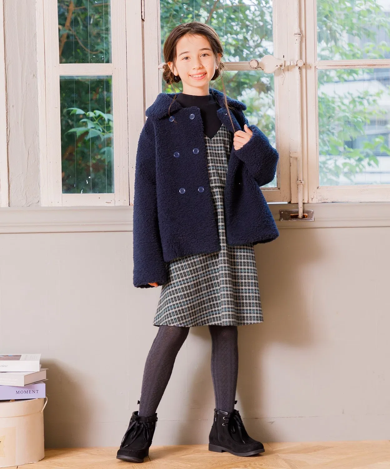 Детское платье для девочек с длинным рукавом модель Check Kumikyoku KIDS, Ivory — фото 4