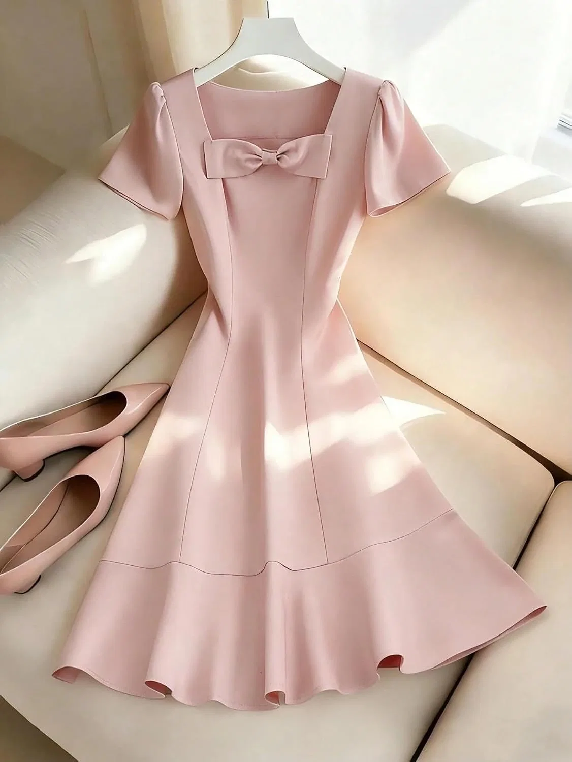 Женское мини-платье с коротким рукавом повседневное, Baby Pink — фото 3
