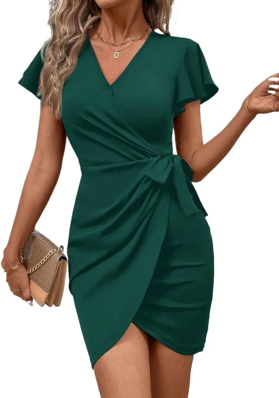 Женское мини-платье с V-образным вырезом и запахом, Dark Green
