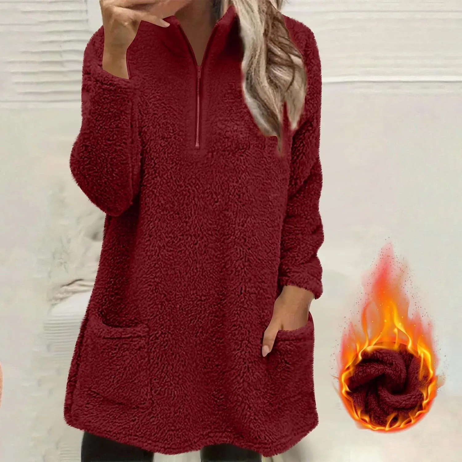 Женский свитшот из флиса с воротником-стойкой и четверть-молнией, модель Oversized, винный — фото 2