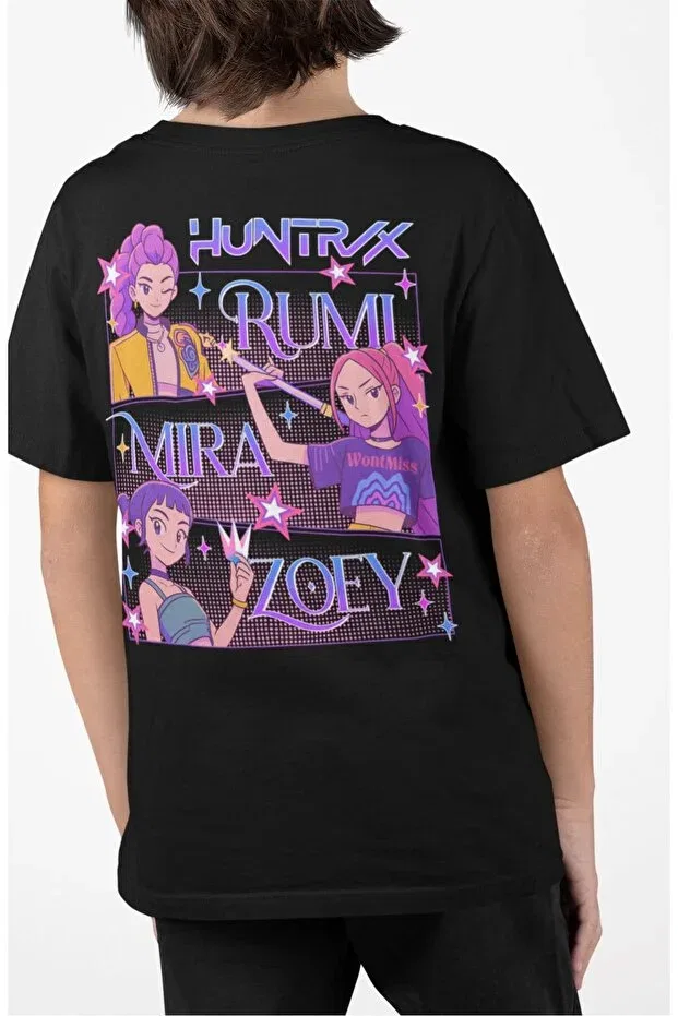 Детская футболка с принтом для мальчиков и девочек Rumi mira zoey sırt printed unisex kids t-shirt, huntrix themed baby t-shirt Fuddy Moda, Black — фото 3
