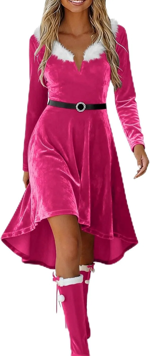 Женское винтажное платье с V-образным вырезом и поясом, Hot Pink